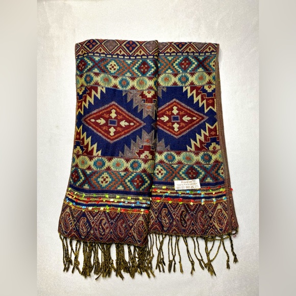 Pashmina Wrap Scarf Geometric Pattern Embellished 76” x 26,5” - Picture 4 of 11